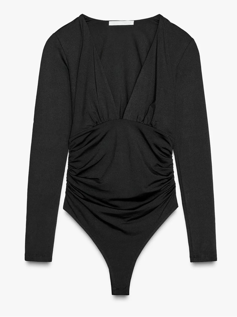 Zara Black V-Neck Ruched Long-Sleeve Bodysuit